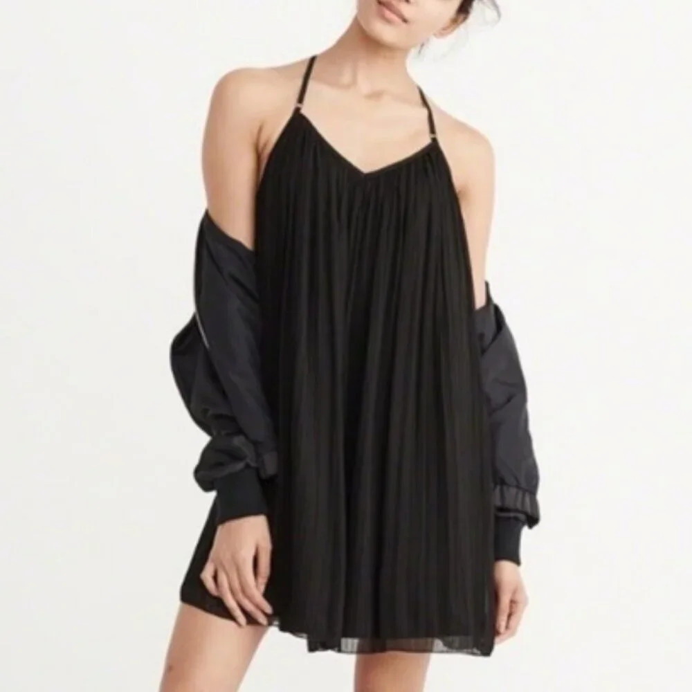 Abercrombie & Fitch Pleated Chiffon T Strap Back Mini Dress Black Size XS